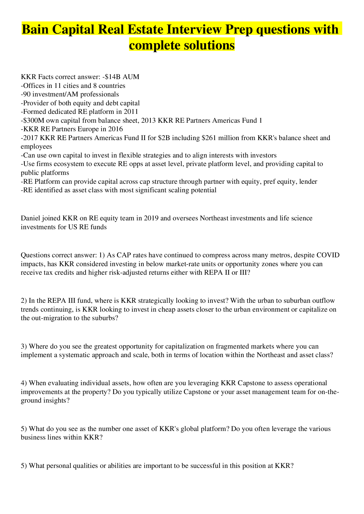 Preview image for Bain Capital Real Estate Interview Prep questions with complete solutions